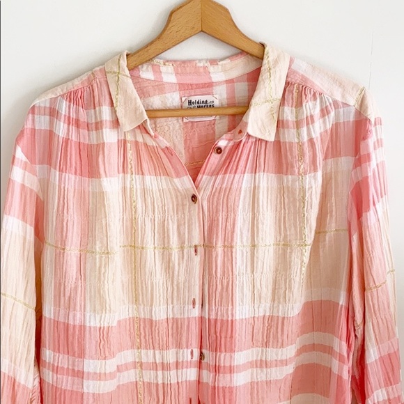 Anthro Holding Horses Peach Plaid Button Down Top - Picture 4 of 11